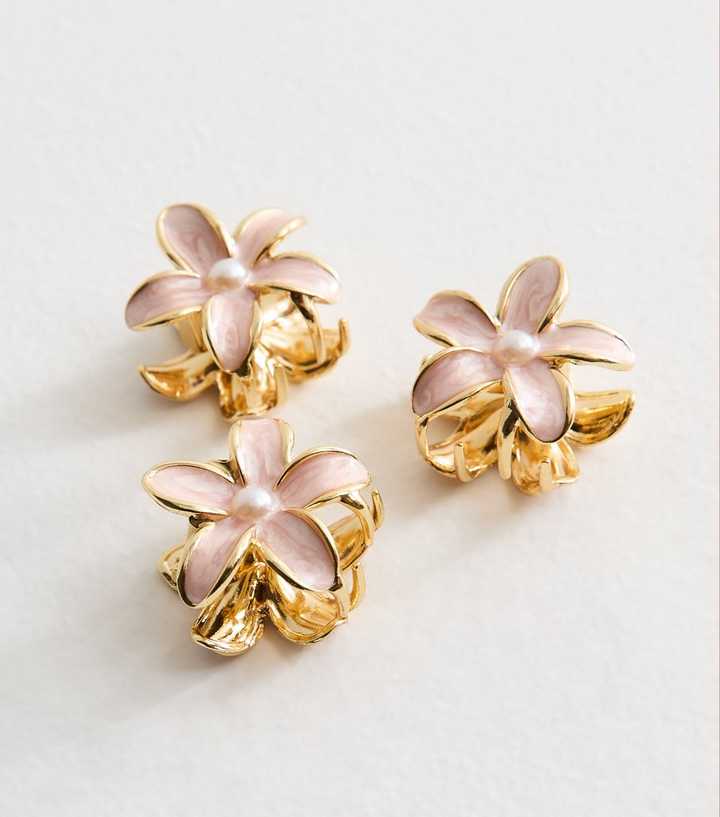 Pack Of 3 Pink Flower Faux Pearl Enamel Mini Hair Claw Clips