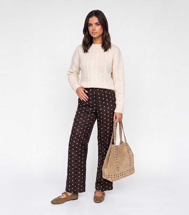 Urban Bliss Brown Polka Dot Side Stripe Wide Leg Trousers