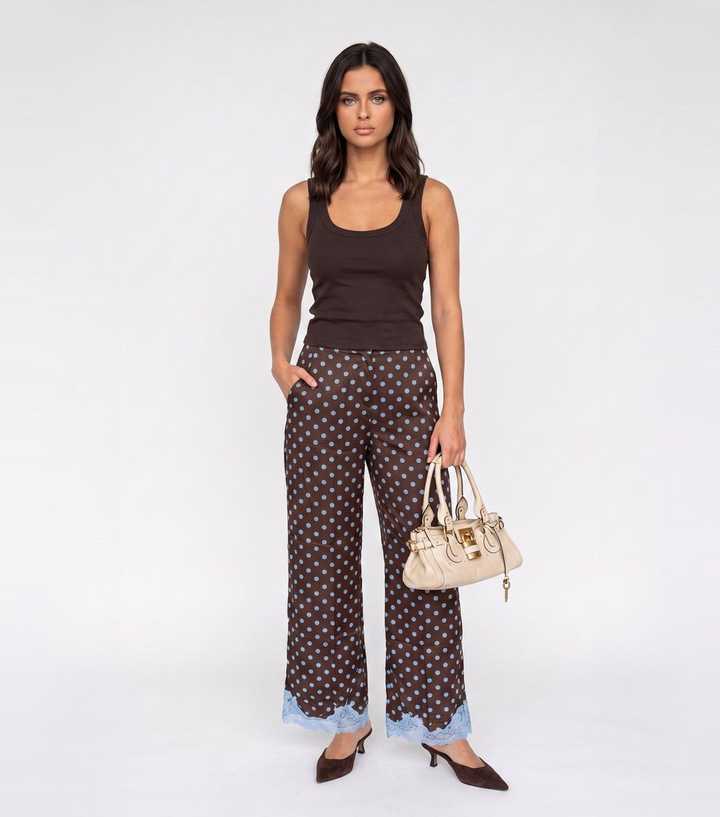 Urban Bliss Brown Polka Dot Side Stripe Wide Leg Trousers