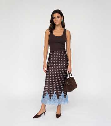 Urban Bliss Brown Satin Polka Dot Lace Hem Maxi Skirt
