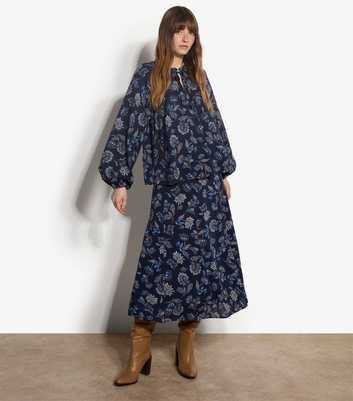 Apricot Blue Floral Print Pleated Midi Skirt