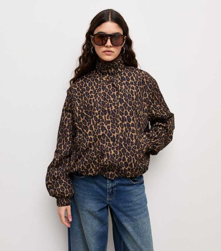 Brown Animal Print Zip Through Windbreaker Jacket