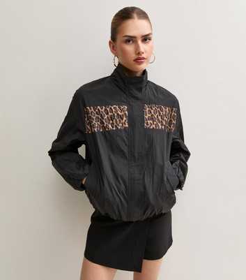 Black Animal Print Panel Windbreaker Jacket