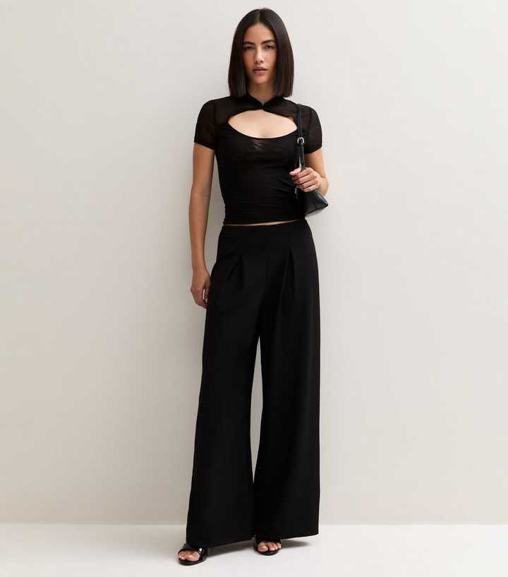 Black Front Pleat Wide Leg Trouser