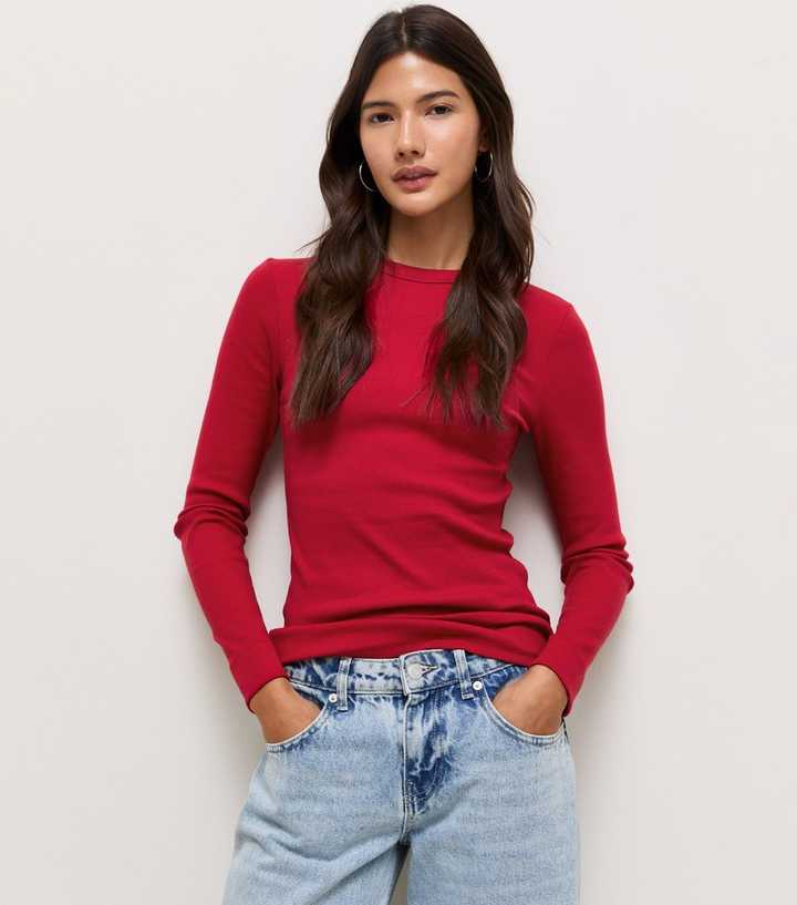 Bright Red Cotton Rich Long Sleeve Rib Crew Neck Top