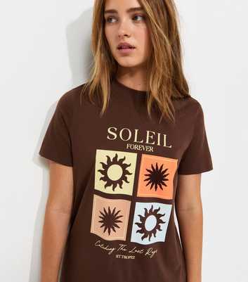 Dark Brown Cotton Soleil Sun Print Crew Neck T-Shirt