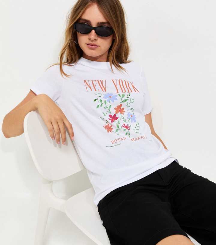 White Cotton New York Flower Print Relaxed T-Shirt