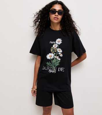 Black Cotton Daisy Print Oversized T-Shirt