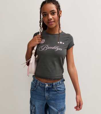 Girls Dark Grey Cotton Rich Slogan Print Lace Trim Fitted T-Shirt