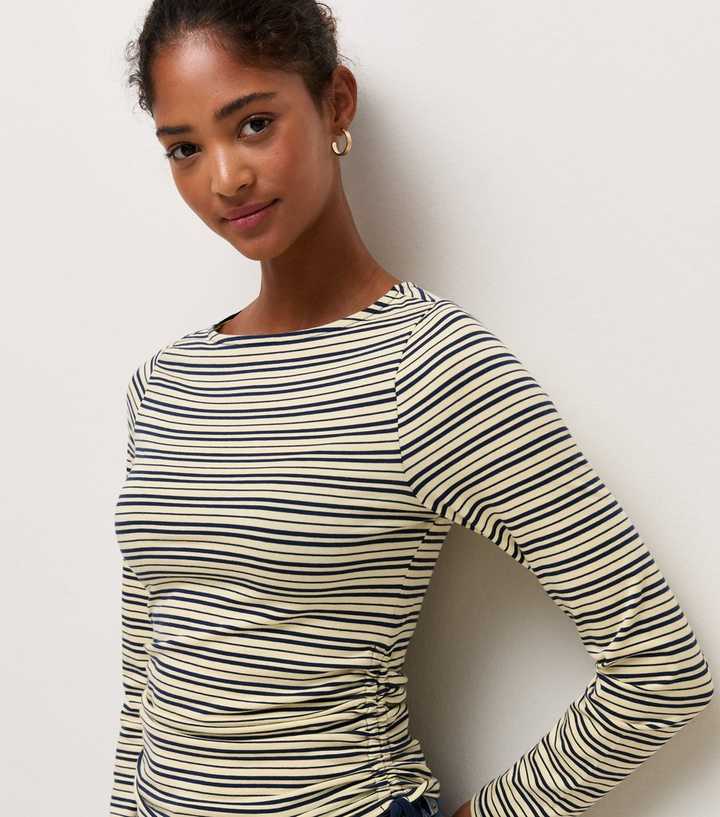 Blue Striped Cotton Rich Tie Side Corset Long Sleeve Top