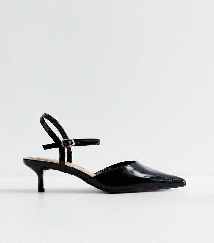 Black Patent Faux Leather Ankle Strap Court Shoes