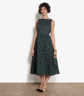 Apricot Green Cotton Polka Dot Print Midi Dress