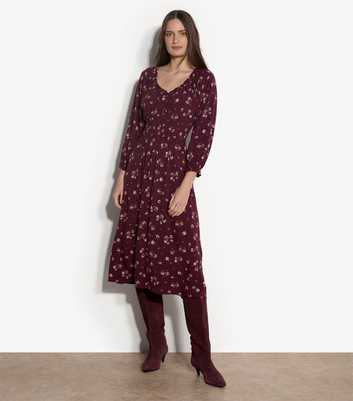 Apricot Dark Burgundy Ditsy Print Midi Dress