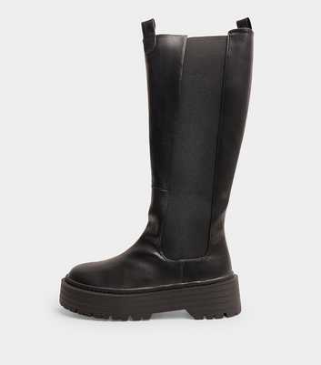 Public Desire Black Faux Leather Andi Knee High Chunky Sole Boots
