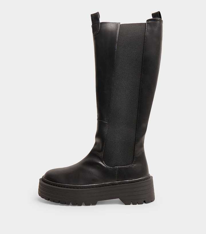 Public Desire Black Faux Leather Andi Knee High Chunky Sole Boots
