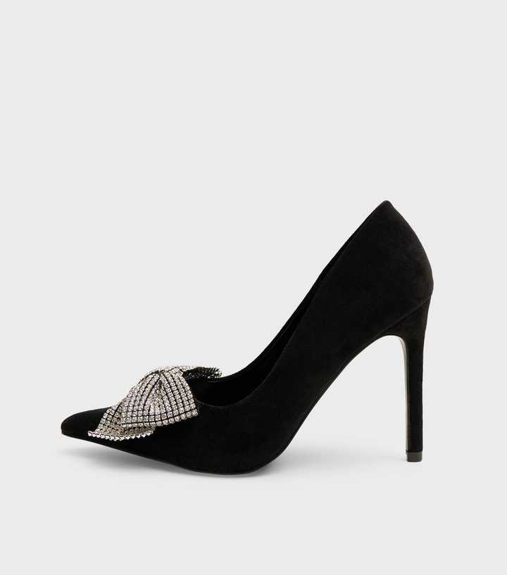Public Desire Black Vermillion Faux Suede Embellished Bow Pumps