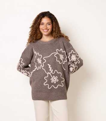 Blue Vanilla Light Brown Abstract Floral Embroidered Jumper