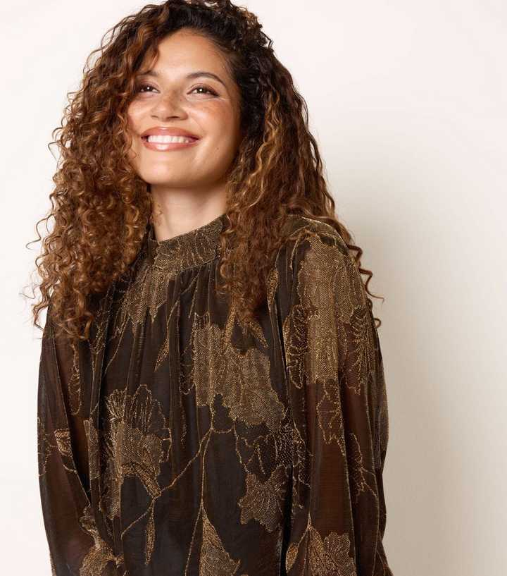 Blue Vanilla Bronze High Neck Puff Ball Blouse