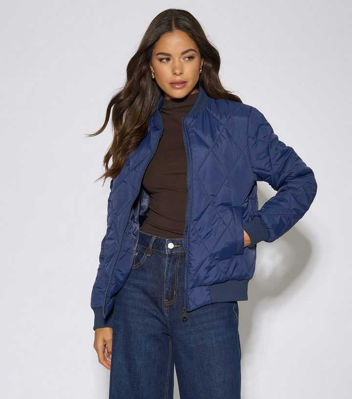 Gini London Navy Diamond Quilted Puffer Bomber Jacket