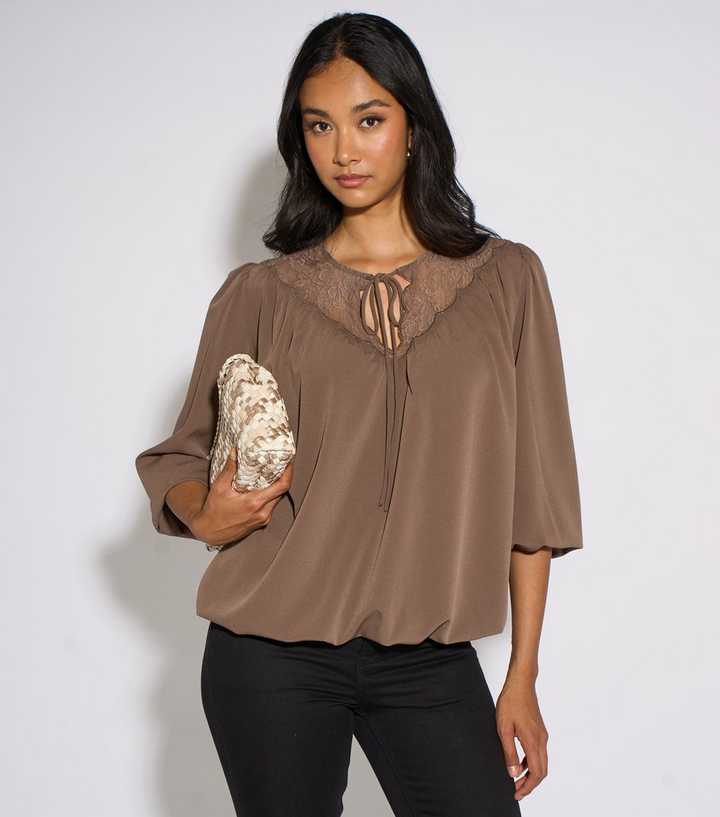 Gini London Light Brown Lace Bubble Hem Blouse