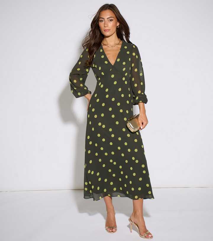 Gini London Green Polka Dot V Neck Long Sleeve Midi Dress
