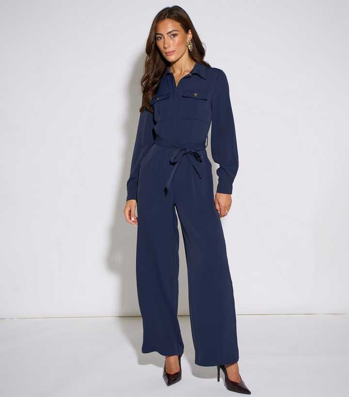 Gini London Navy Long Sleeve Side Stripe Jumpsuit