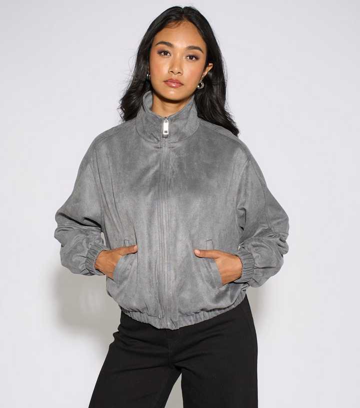 Gini London Dark Grey Faux Suede Bomber Jacket