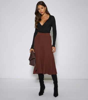 Gini London Dark Brown Pleated Knit Midi Skirt