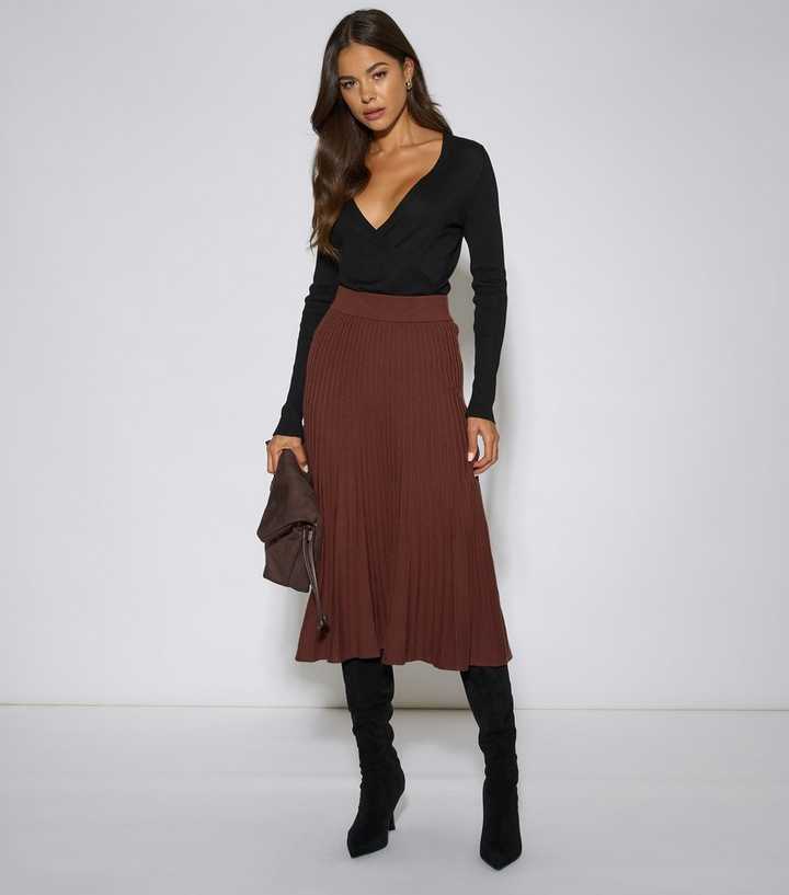Gini London Dark Brown Pleated Knit Midi Skirt