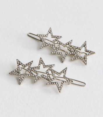 Pack of 2 Silver Tone Diamante Star Slide Hair Clips