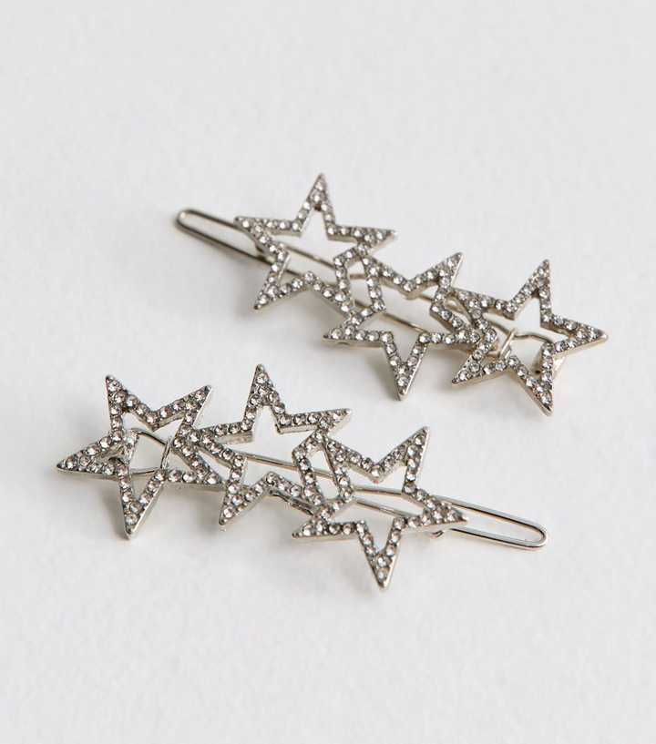 Pack of 2 Silver Tone Diamante Star Slide Hair Clips