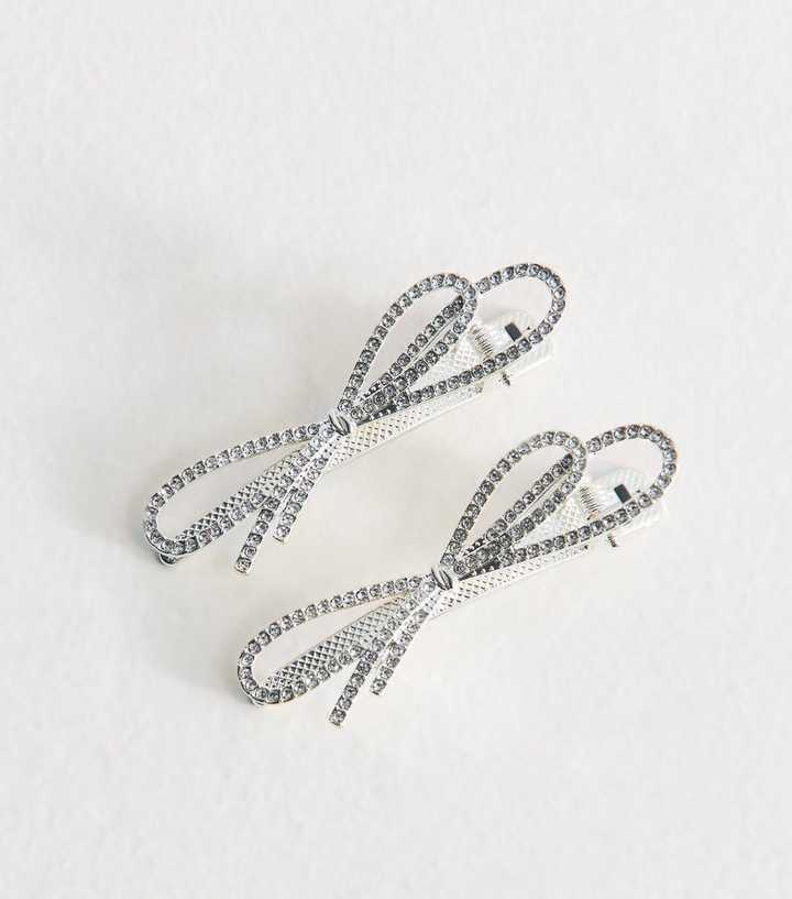 Pack Of 2 Silver Diamante Bow Hair Slides