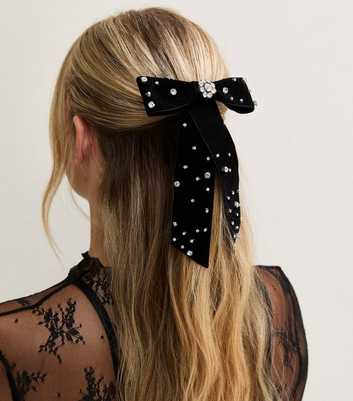 Black Velvet Diamanté Embellished Bow Hair Clip