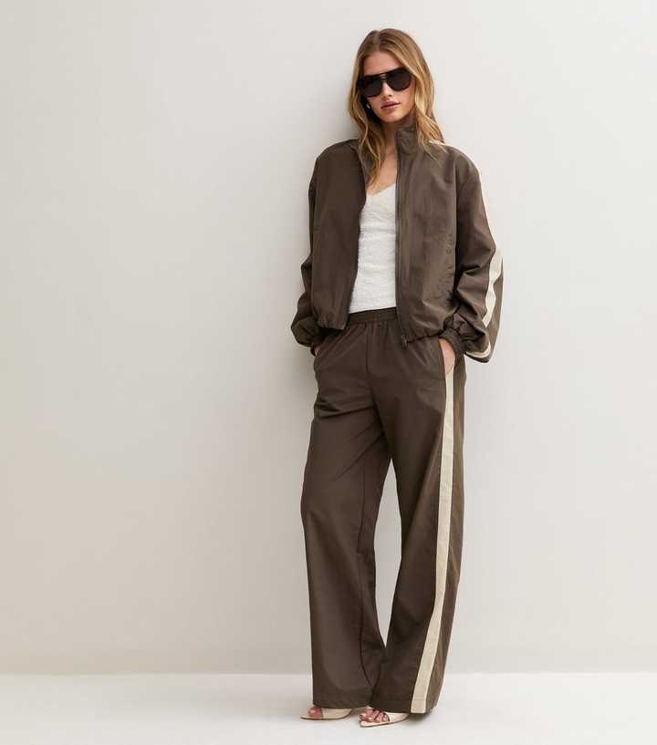 Brown Windbreaker Side Strip Wide Leg Joggers