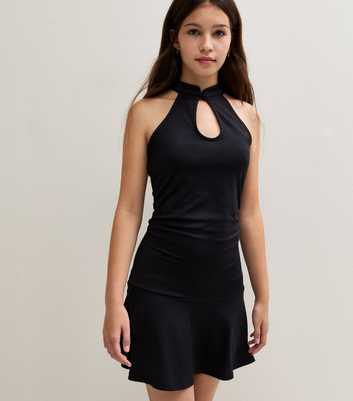 Girls Black Keyhole Flippy Halter Neck Mini Dress