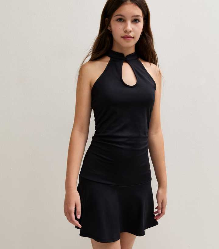 Girls Black Keyhole Flippy Halter Neck Mini Dress