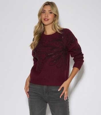 Gini London Dark Red Sequin Flower Jumper