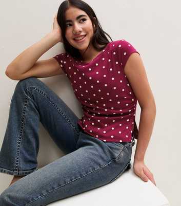 Girls Red Cotton Rich Polka Dot Ruched T-shirt