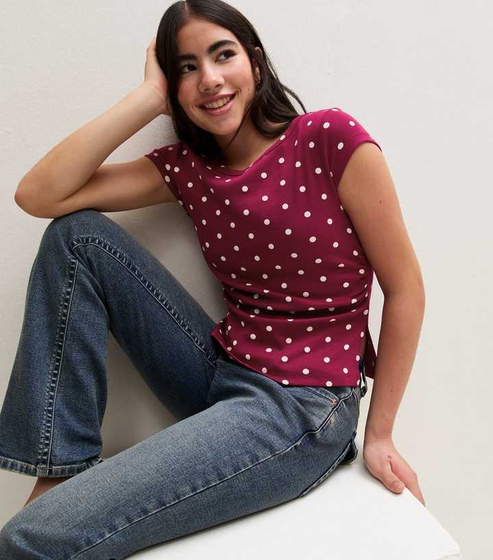 Girls Red Cotton Rich Polka Dot Ruched T-shirt