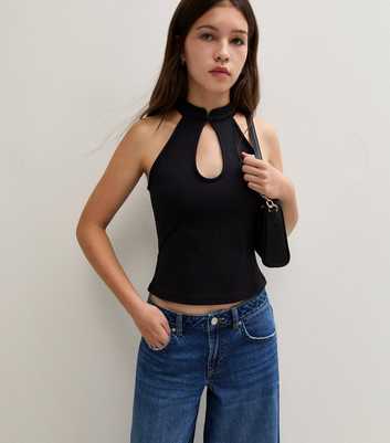 Girls Black Keyhole Sleeveless Top with Cotton