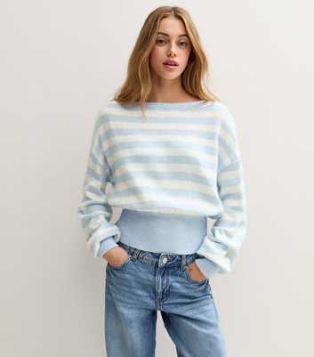 Girls Blue Slash Neck Striped Knitted Jumper