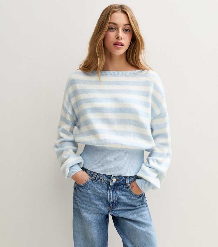 Girls Blue Slash Neck Striped Knitted Jumper