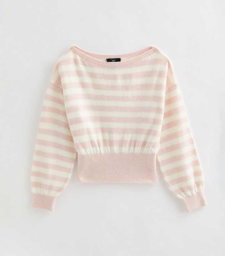 Girls Pink Slash Neck Striped Knitted Jumper