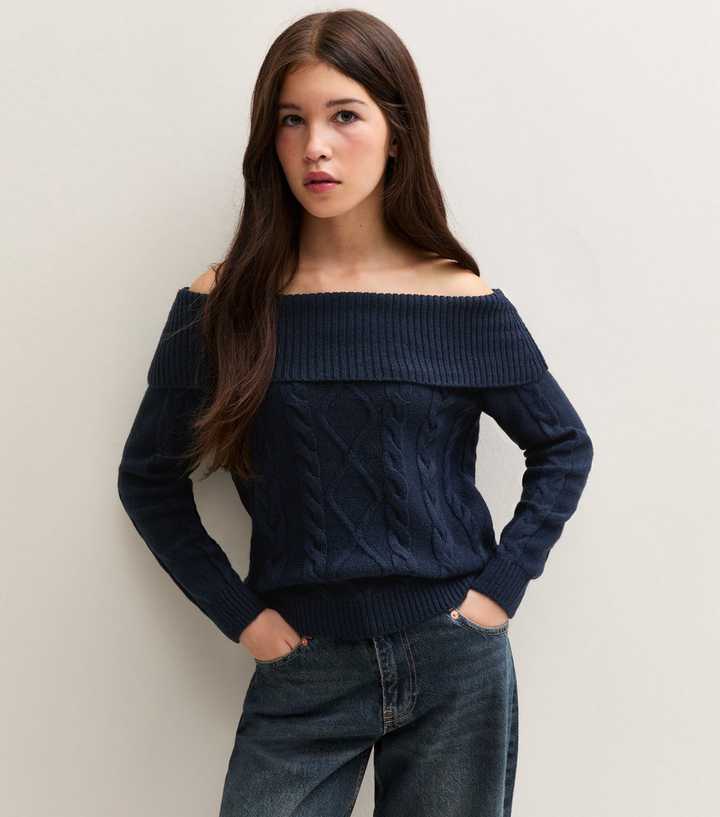 Girls Navy Cable Knit Bardot Jumper