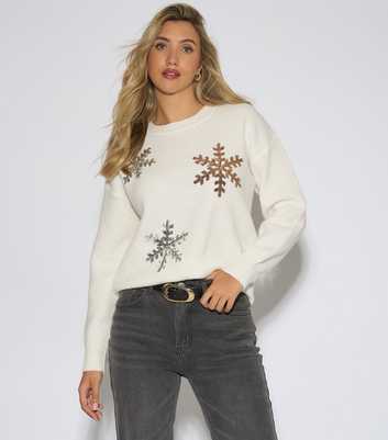 Gini London Off White Sequin Snowflake Knitted Jumper