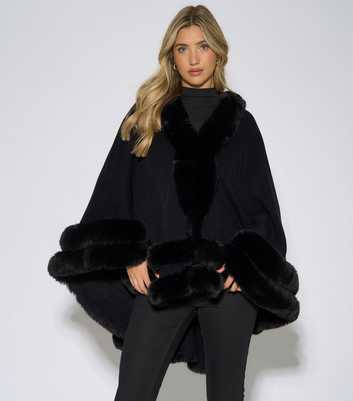 Gini London Black Faux Fur Trim Cape
