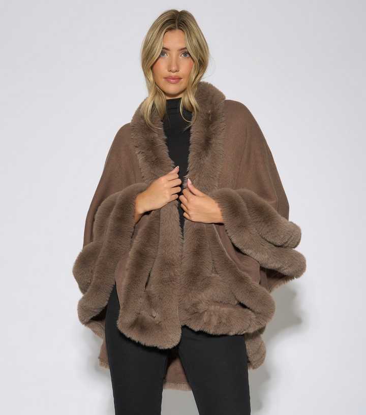 Gini London Dark Brown Faux Fur Trim Cape