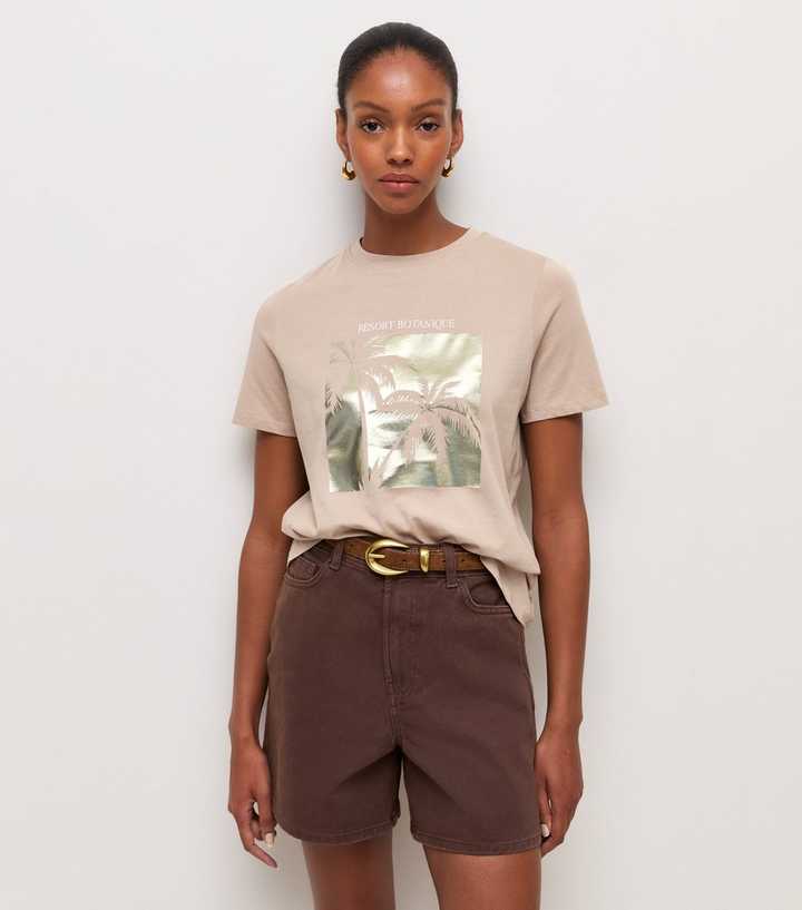 Mink Cotton Foil Palm Tree Print Relaxed T-Shirt