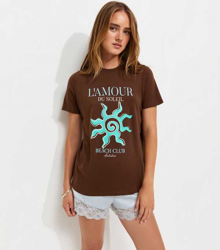 Dark Brown Cotton Sun Print Crew Neck T-Shirt