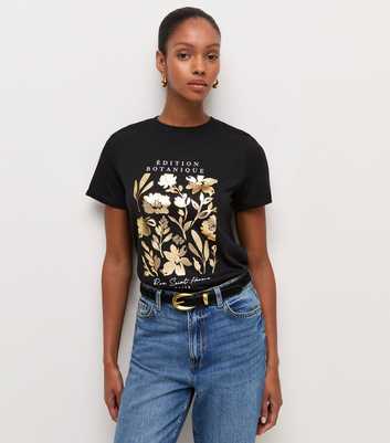 Black Cotton Foil Flower Print Relaxed T-Shirt